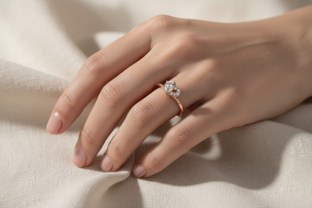 Rose gold heart ring on model's hand with cream linen background