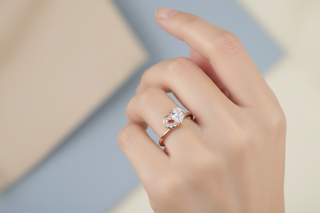 Rose gold heart ring on model's hand with serene background